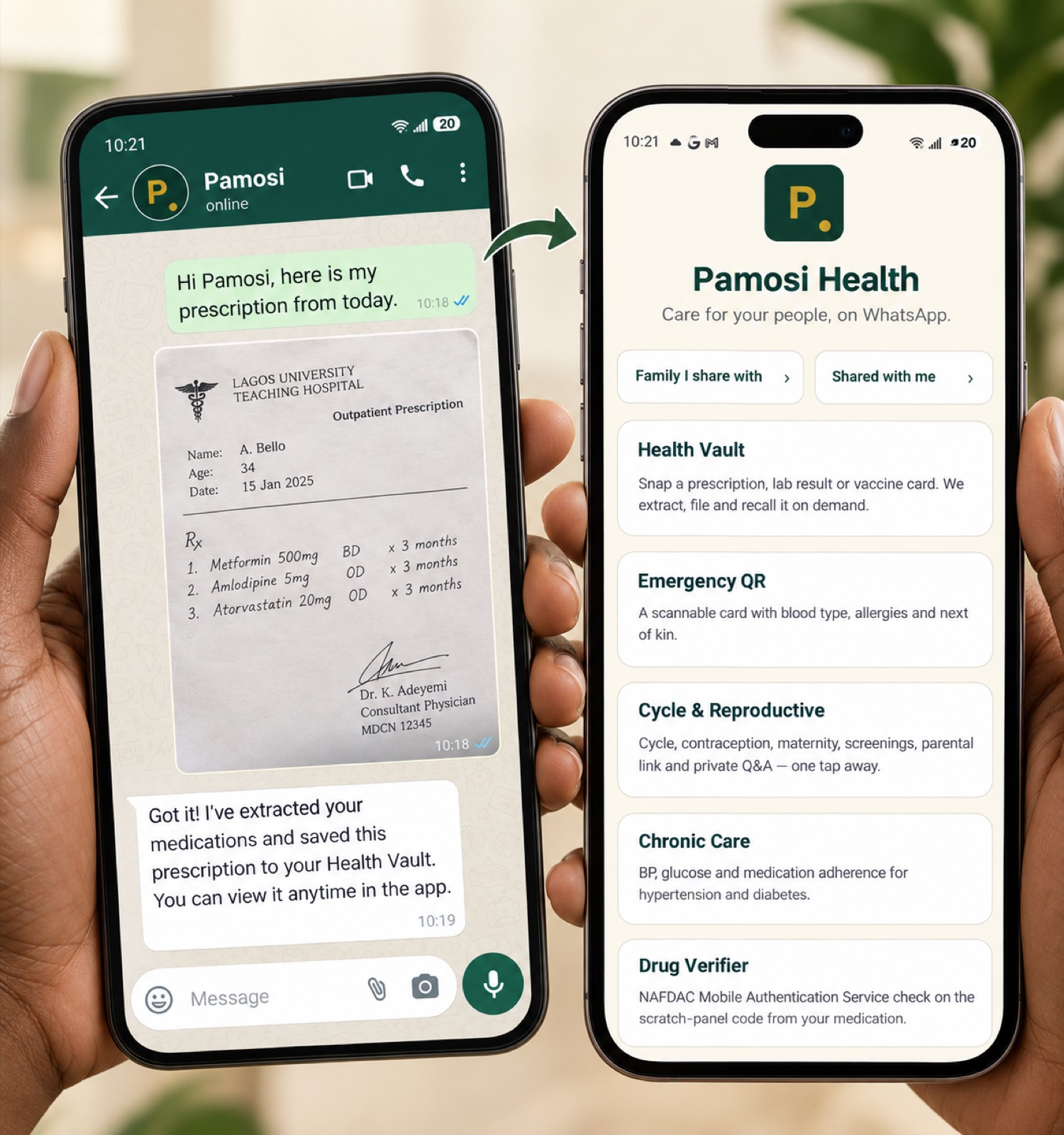 A prescription sent to Pamosi on WhatsApp appears filed inside the Pamosi Health app.